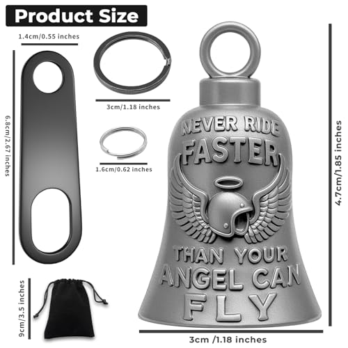 Image of Guardian Angel Motorcycle Bell Biker Luck Gremlin Bells for Motorcycles Riders with Motorcycle Bell Hanger, 2 Key Chain Ring Accessories, Velvet Pouch
