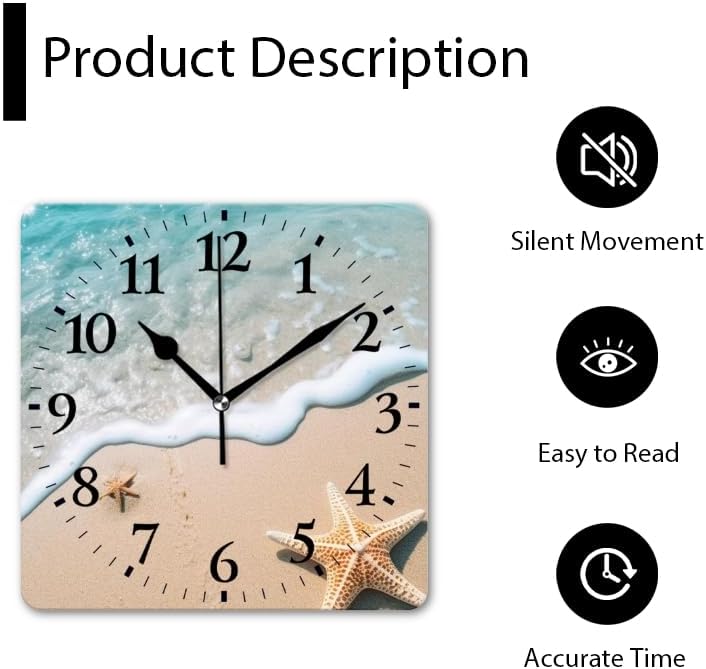 Quartz Wall Clocks Non-Ticking Silent Battery Operated Modern Wall Clocks Decorative for Home,Bedroom-Beautiful Sandy Beach with Clear Blue Water and Gentle Waves(16inch)