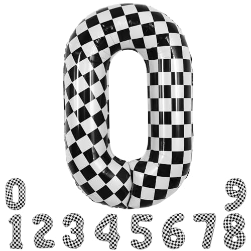 Image of TONIFUL 40 Inch Large Checkered Number 0 Balloon Race Car Theme Party Decor