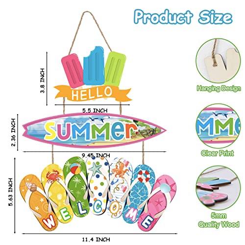 Hello Summer Welcome Hanging Sign, Wood Ice Lolly Surfboard Flip Flop Sign Hanger, Surfboard Slippers Summer Decor, Summer Decorations For Home, Front Door, Yard, Beach, Outdoor #TOP2