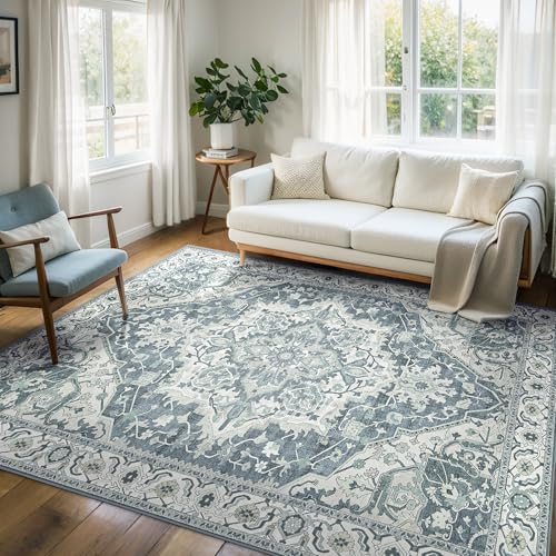 Deerly Vintage Area Rug 5x7 Boho Washable Large Living Room Bedroom Rugs Non Slip Low Pile 5x7 Rug for Kitchen Entryway Bedroom Dining Room Office, Canal Blue/Multi