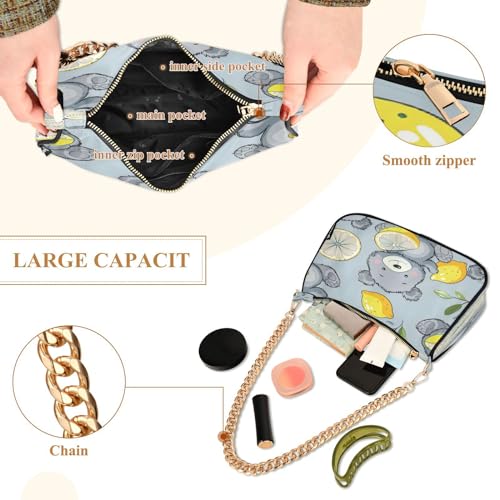Image of Shoulder Bags for Women Vintage Yellow Lemon Fruit and Blue Print Hobo Tote Handbag Small Clutch Purse with Zipper Closure
