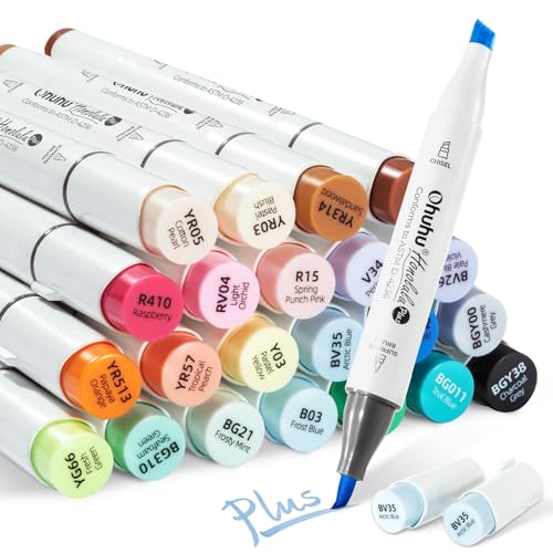 Ohuhu Alcohol Markers Supreme Brush & Chisel 24 +1 Colours Seamless Blending Ink Refillable Dual Tips Colouring Pens for Adults Artists Professionals for Drawing Sketching Manga - Honolulu Plus