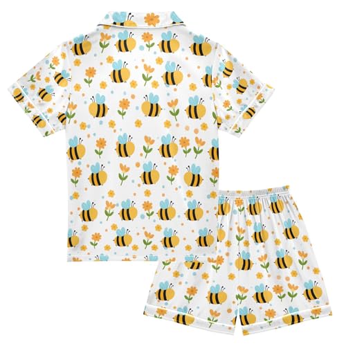Bee with Yellow Flower Satin Summer Pajama Sets Silk Short Sleeve Button Down Sleepwear2