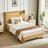 ivoros Full XL Bed Frame with Storage Headboard and Charging Station, Mid-Century Modern Wood Platform Bed, No Box Spring Needed, Natural