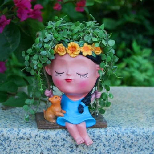 Image of Eleven to Eleven Smiling Face Hanging Planter Pot | Cute Girl Face, Resin Material, Decorative for Balcony, Garden, Living Room & Home, Gift for Plant Lovers