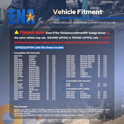 ENA 8 Pack UF413 Ignition Coil 41962 Spark Plug and 48322R Wires Set for 5.3 6.0 6.2 Compatible with Buick Cadillac Chevrolet GMC Hummer Escalade Express Savana 2500 5.3L 6.2L 6.0L 4.8L for 12570616
