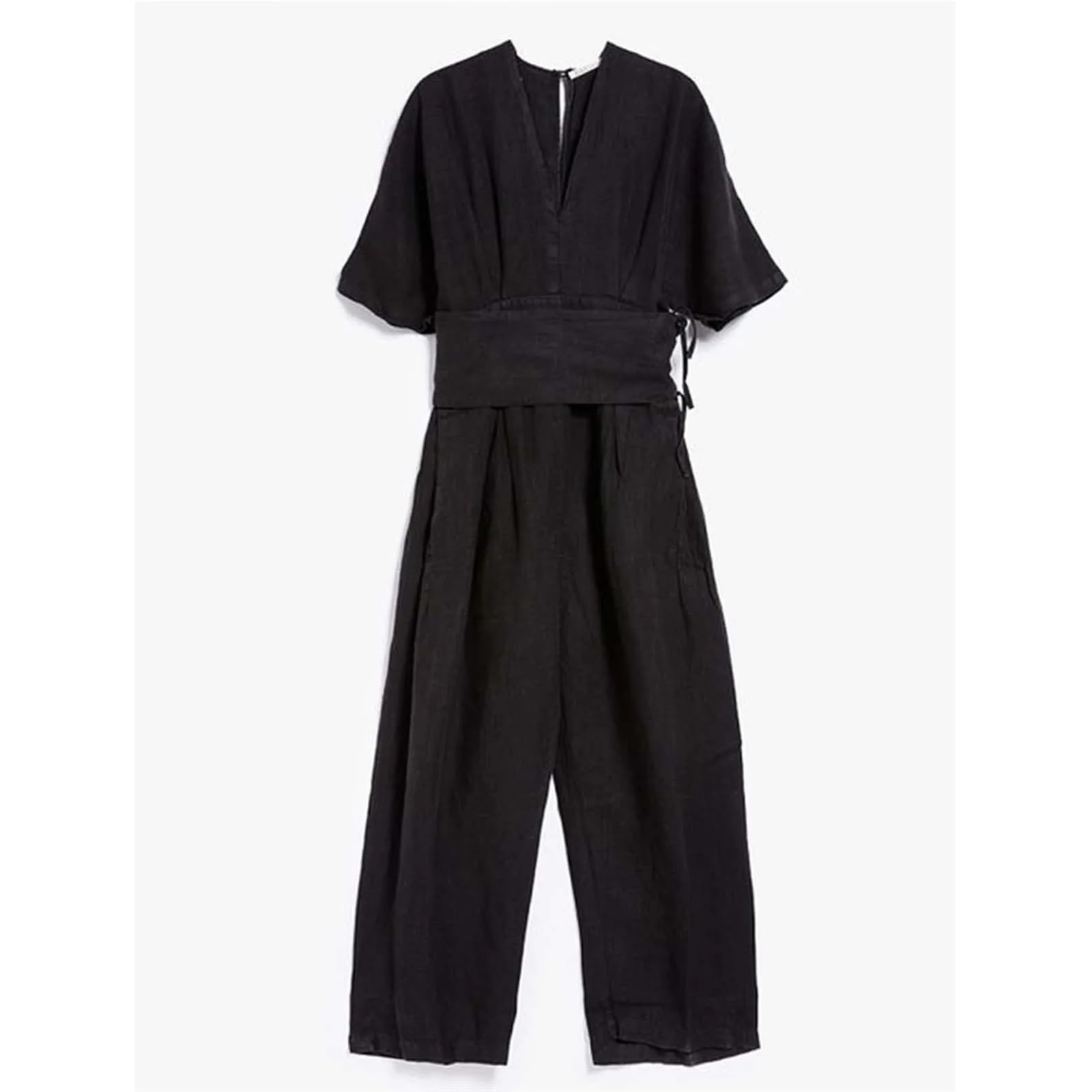 Tuta Intera in Lino da Donna Tute in lino di cotone for donna Pantaloni dritti Cintura vintage con scollo a V Pagliaccetto ampio Tuta casual da spiaggia