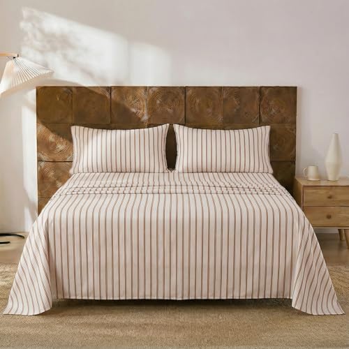 Image of Merryword 100% Cotton Sheet Set Full Size - Beige and Terracotta Striped Bedding, Soft Breathable Percale Weave, Deep Pocket Fitted Sheet 17.5 inch, Luxury & Silky Soft Sheet Set for All Seasons
