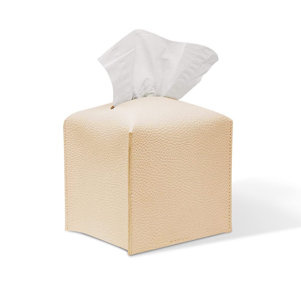 AioTioTissue Box Cover Holder Leather Tissue Box Square Creative Advertising Tissue Box, Living Room Coffee Table Car Napkin Box (Beige)