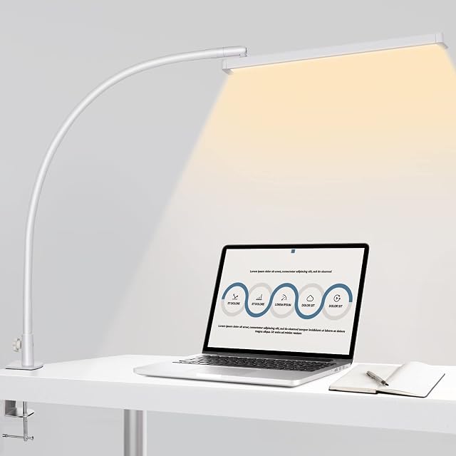 BIENSER LED Desk Lamp with Clamp, Eye Caring Reading Lamp with USB Adapter, 5 Color Modes, 10 Brightness, Long Flexible Gooseneck Daylight Light, Architect Task Lamp, Clip on Lamps for Home Office