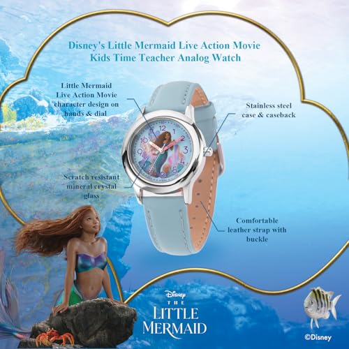 Disney Little Mermaid Watch for Girls Age 4–7 Featuring Ariel – Ideal Princess Gift for Kids Learning Time – Easy-Read Character Dial, Silver Bezel, and Comfortable Blue Leather Strap2