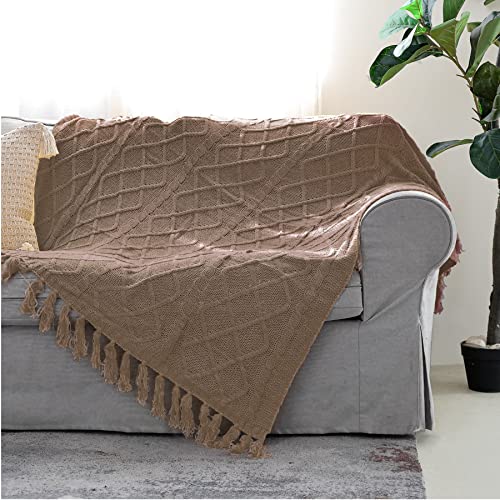 Snugtown Solid Soft Cozy Cable Knitted Blanket Throw, Lightweight Decorative Textured Tan Throw Blanket with Fringes for Couch Chairs Bed Sofa, 50"x 60"
