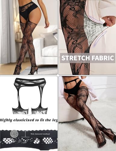ohyeah Suspender Pantyhose for Women XS-5XL Floral Lace Fishnet Tights Thigh High Stockings with Garter Fishnet Leggings4