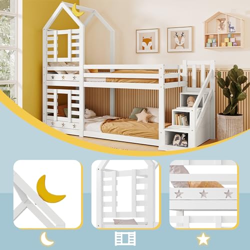 LTGB Bunk Bed for Kids, Bunk Bed with Storage, Children Cabin Bed Single Bed with Window for Kids, Twin Sleeper 190x90 cm, Solid Pine Wood, 3FT -White LTGB Bunk Bed for Kids, Bunk Bed with Storage, Children Cabin Bed Single Bed with Window for Kids, Twin Sleeper 190x90 cm, Solid Pine Wood, 3FT -White