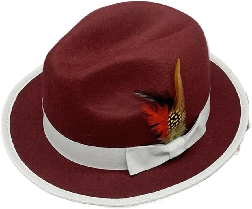 Classic Fedora Hat, Burgundy with White Band and Feather Accent, Wide Brim