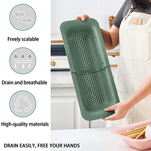 Image of Collapsible Sink Colanders and Strainers Basket Extendable Plastic Fruit Vegetable Strainer Drainer Basket for Kitchen (Length 13.6 inch-18.7 inch) (Apple Green) 6 * 10