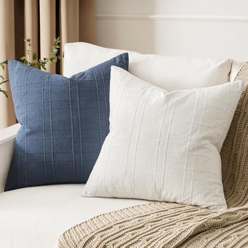 Image of MIULEE Decorative Linen Check Lumar Throw Pillow Covers Neutral Farmhouse Vintage Pillow Covers 12x20 Set of 2 Boho Modern Home Decor for Sofa Couch Bedroom Cushion Cream White