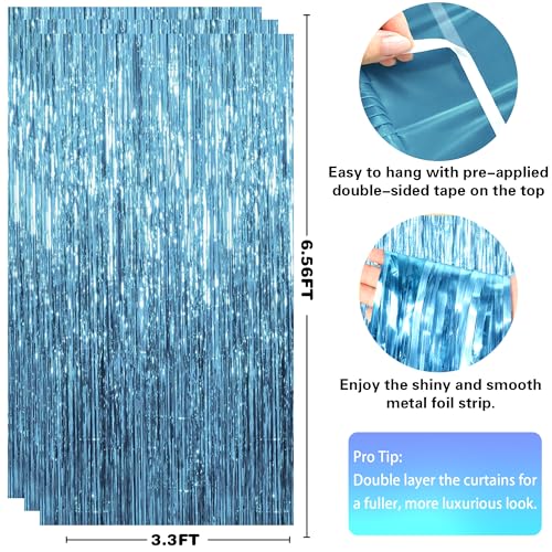 Image of Pool Party Decorations - Blue Tinsel Streamers Backdrop Banner | Summer Party Favors Supplies Indoor Outdoor - Ocean Themed Party Decorations for Beach Sea Water Blue Birthday,2 Pack