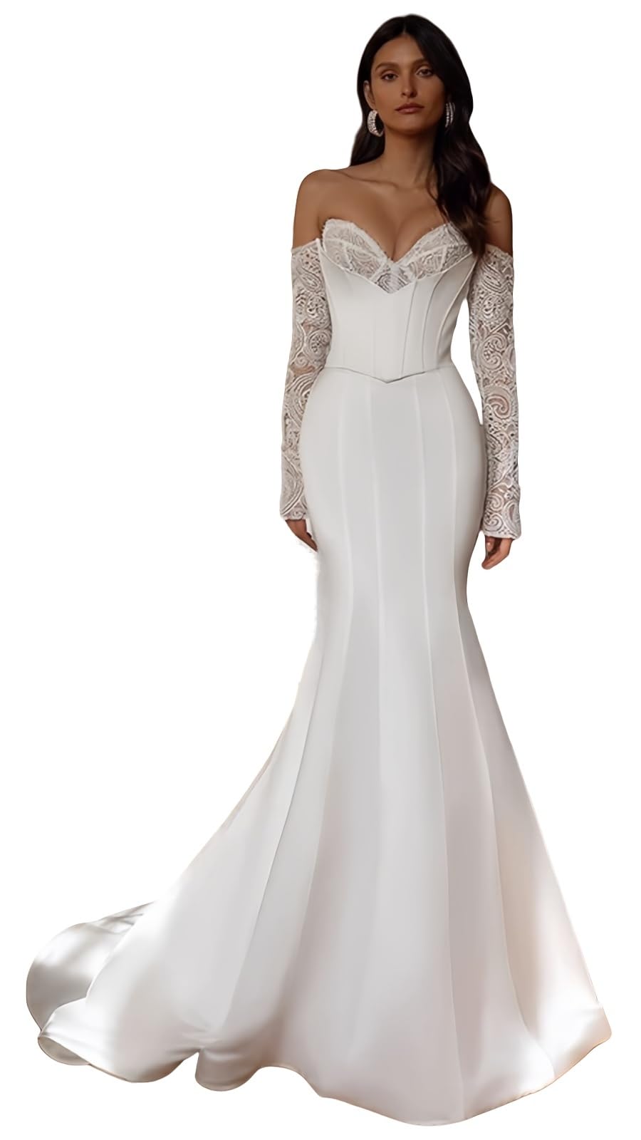 Women's Lace Long Sleeve Mermaid Wedding Dresses for Bride Off Shoulder Satin Bridal Gowns