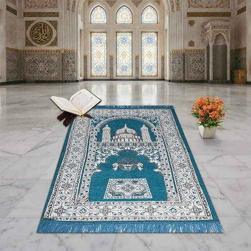 Image of Velvet Floral Janamaz Mat | Prayer Mat /Meditation Janamaz for Namaz /Meditation Mat /Muslim| Size 27x50| Washable Soft Prayer Mat (AQUA2)