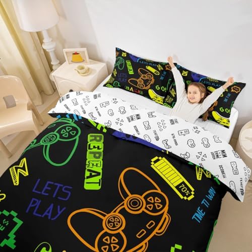 Children's Gaming Bed Linen Set, Game Bed Linen 135 x 200 cm for Boys, Children, Bedroom Gift, Gamepad Bedding Set, Modern Gamer Video Game Duvet Cover Set, Gamer Console, Novelty Action Buttons