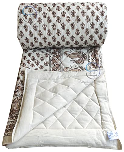 Image of Jaipuri Razai Single Bed Gold Print with Computerized Quilting Use as Soft and Breathable Cotton Comforter Quilt Rajai Blanket Dohar Size 55X85 inch Off White (Cream) Pack of 1