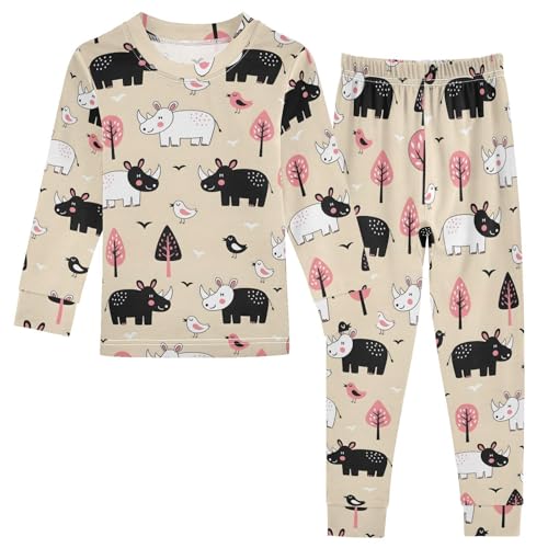 Pajama Sets Long Sleeve Cute Rhinos Birds Trees Pattern Soft Comfy Sleepwear 2 Piece PJS 3-8T