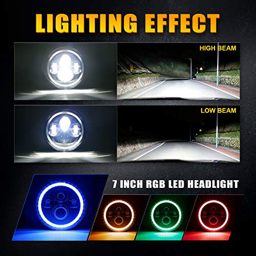 SUPAREE 7 inch LED Headlights RGB Halo Ring Angel Eyes 7” Round DRL Bluetooth Remote Control Compatible for Jeep Wrangler JK LJ CJ TJ Sahara Sport Rubicon Headlamp 1997~2018