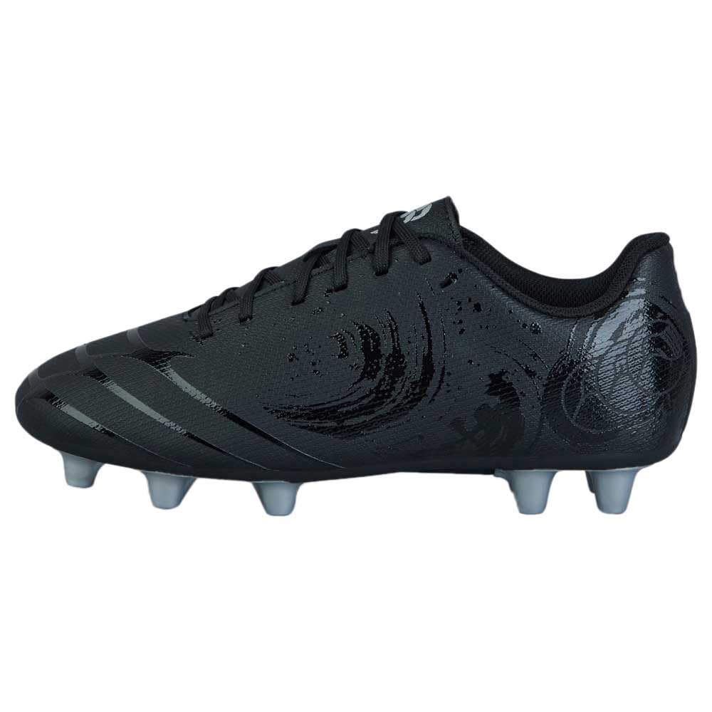 Canterbury Junior Unisex Phoenix Genesis Team Firm Ground Rugby Boots | Hard Surface Traction | Breathable Firm Ground Rugby Boots, Black/Silver Metallic, 4