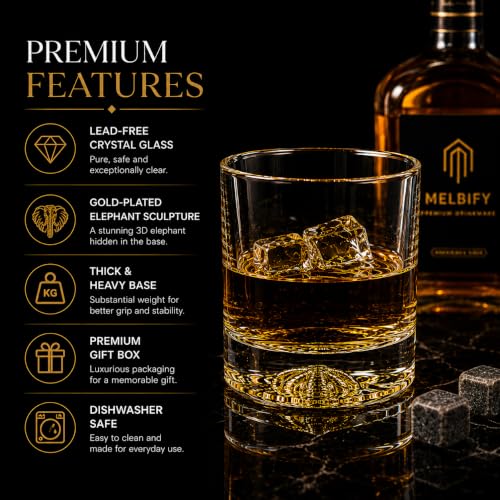Image of Melbify Elephant Whiskey Glass | Set of 4 | 300 ml| Whiskey Glass Gift Set| Golden Whiskey Glasses|Big| Unique| Broad |Thick| Premium |Thick Bottom | Premium | Speciality Whiskey Glass | Gold Plated