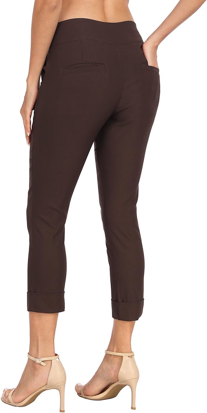 HDE Pull On Capri Pants for Women with Pockets Elastic Waist Cropped Work Pants - Image 3