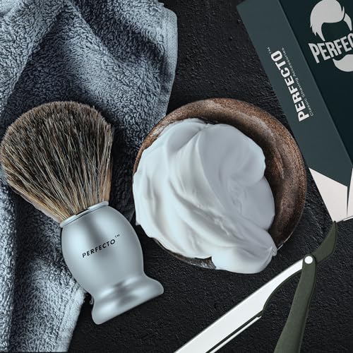 Image of Perfecto 100% Original Pure Badger Shaving Brush, Engineered for The Best Gift For Him. All Methods, Safety Razor, Double Edge Razor, Straight Razor, Shaving Razor, Gift for Men