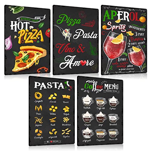 Lot de 5 Plaque Vintage Metal Italie Nourriture 20x30cm - Italienne Pizza Pasta Coffee Panneau - Italy Italien PAYS Pancarte Affiche Decoration Murale Cadeau...