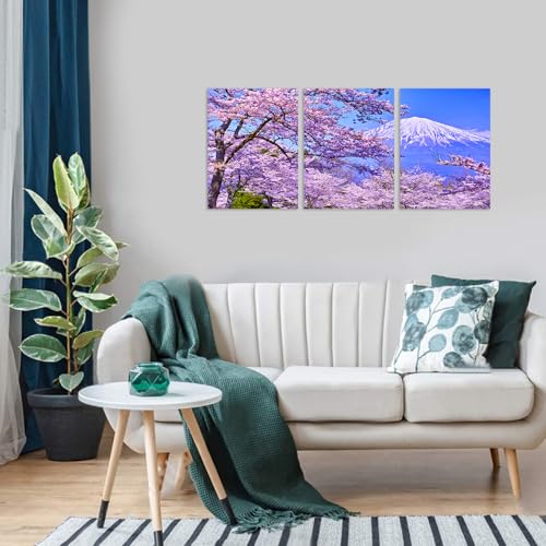 富士山 アートパネル 桜3枚 開運 風水絵画 赤富士 自然風景画 風景画 壁掛け ベランダ 縁起物 絵画 ホームデコレーション 写真完成品 木製フレーム (30X40cmX3pcs, 富士山のポスター5) [4]