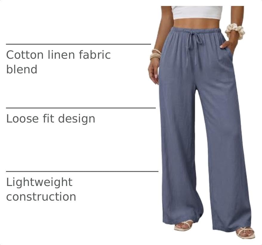 Image of Duyang Womens Cotton Linen Palazzo Pants Drawstring Elastic Waist Casual Wide Leg Trousers with Pockets