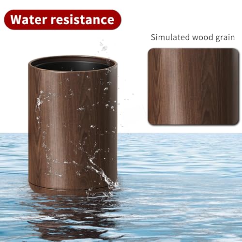Image of 8L /2.1GAL Dark Brown Modern Metal Waste Bin with Realistic Wood Texture,Built-in Bag Holder,Office Trash Can,Open-Top Trash Bin,for Bathroom,Home,Office,Living Room (2.1gal Round)