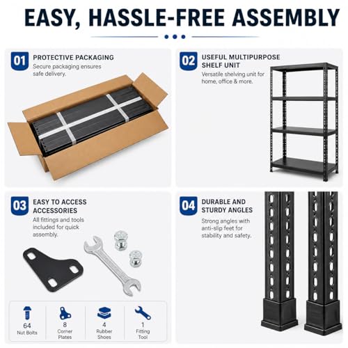 Image of Heavy Duty Metal Storage Rack | Multipurpose Steel Shelving Unit for Home, Kitchen, Pantry, Garage, Office & Store Room | Powder Coated Rust Resistant Organizer Rack bin stoarge | Black