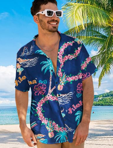 Image of Yoimira Hawaiian Shirts for Men, Print Mens Casual Short Sleeve Button Down Shirts Floral Aloha Beach Shirt