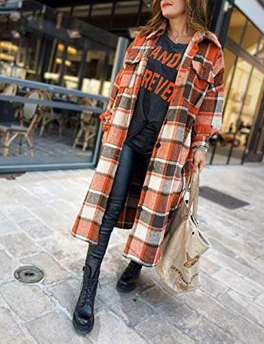 UANEO Plaid Coat Women Button Down Long Plaid Jacket Fall Flannel Trench Coat3