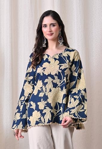 Image of MEERA FAB Women's Summer Floral Printed Cotton Short Kurta Bell Sleeves | Floral Printed Kurta | Short Kurti for Women
