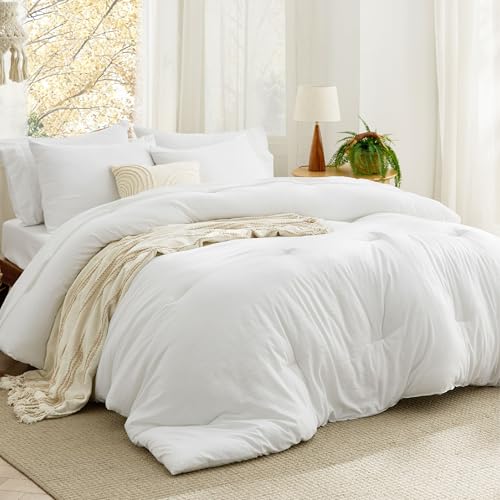 Image of Bedsure White King Comforter Set, Soft Bed in a Bag 7 Pieces, Alternative Bedding for All Seasons, Breathable Marshmallow Prewashed Bed Set with Comforters, Sheets, Pillowcases & Shams