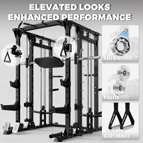 RitFit Smith Machine Power Cage with LAT Pulldown & Cable Crossover, All-in-One Power Rack Home Gym System with Leg Press Attachment & Accessories,Black BP370LBS&BLP01