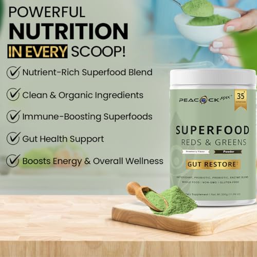 Image of Superfood Reds & Greens Powder - 11.64 oz, Prebiotics & Probiotics for Digestive Health, Super Greens Powder with Ashwagandha for Gut Health, Immunity, Antioxidants, Strawberry Flavor, Vegan, Non-GMO