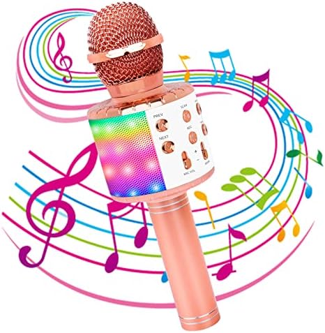 Icnice Wireless Bluetooth Karaoke Microphone, 5-in-1 Portable Handheld Karaoke Mic Speaker with Flashing Light for Singing Compatible with TV/Phone/PC Karaoke Machine (Rose Gold)
