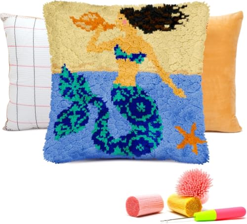 Image of clubevy DIY Latch Hook Kits Pillow Case Embroidery Carpet Set Needlework Pillow Cover Sofa Cushion Cover Craft Kits 17x17 inch (Mermaid)