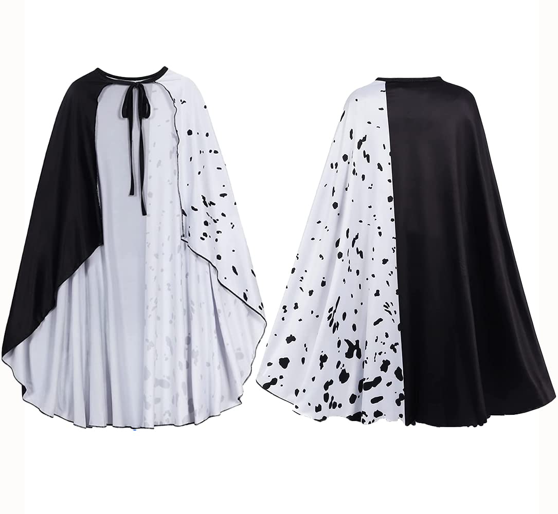 Cruella Devil cape voor dames, witte en zwarte pruik, Cruella de Vil kostuum, lange rode handschoenen en sigaar Cruella Devil voor Dalmatiërs-kostuum, volwassenen, dames, Halloween (cape 120 cm