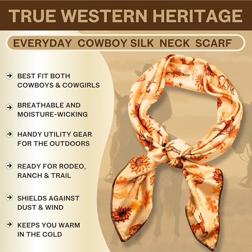Wild Rag Silk Scarf 36'', Western Cowboy Bandana Square Silky Wild Rags,Tan Tooled Cowboy Bronco Tibal Scarves for Men & Women2