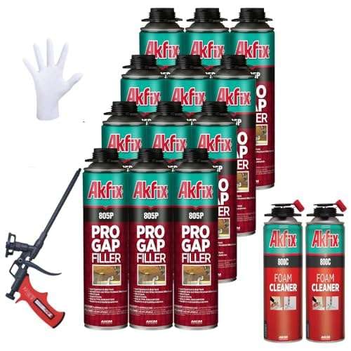 Akfix 805P PRO Gap Filler Expanding Foam Sealant Kit (12x24 Oz.) - Insulating Foam Sealant, Low Expansion Foam for Sound & Heat Insulation, Window & Door | Gun & 2Cleaner Included | 24 Oz. 12 Pack