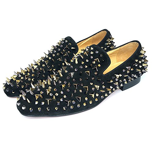 Justyourstyle Men's Black Leather Loafers Slippers with Gold Spikes Dress Shoes Slip-On Flats Party Shoes (10)
